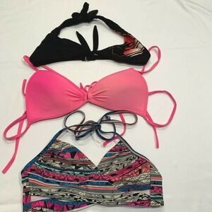 Lot of 3 Swim Swimsuit Bikini Tops Size S/M Black Pink Multi Aztec Halter